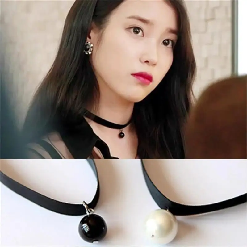 New Fashion Personality Black Imitation Pearl Pendant Necklace Short Necklace Female Jewelry Necklace Black Ribbon Lace Jewelry