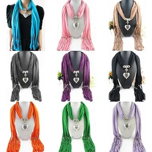 Women Fashion Soft Bead Tassels Scarf with Love Heart Charm Pendant Accessory