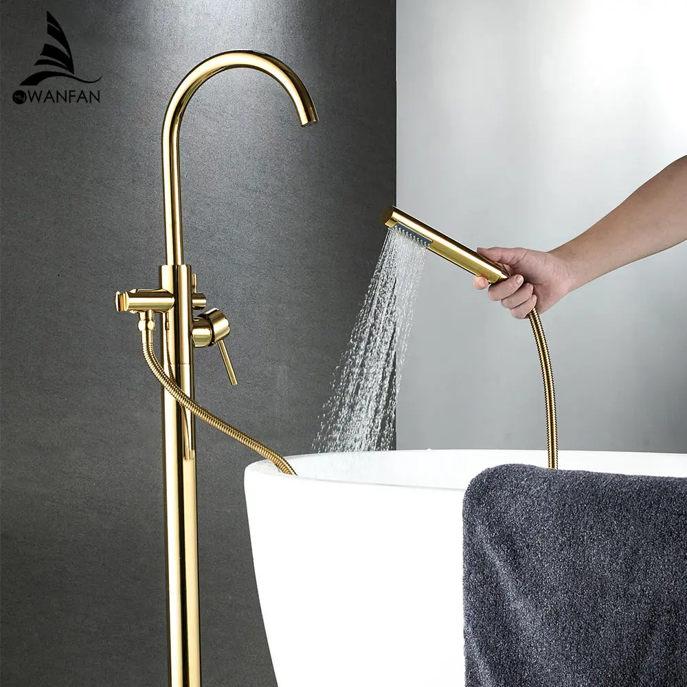 Bathtub Faucet Brass Gold Floor Mount Bathroom Faucet Swivel Spout Single Handle Tub Filler Hand Shower Sprayer Mixer Tap 6021K