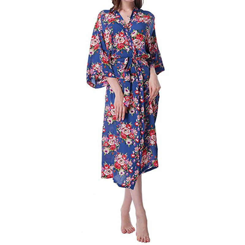 

Sexy Blue Lengthen Bridesmaid Robes Women Cotton Floral Robe Bridal Kimono Robes For Getting Ready Robes,Long Sleeves Sleepwear