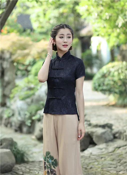 Sexy Schwarz Spitze frauen Sommer Kurzarm Bluse Chinesischen Vintage Taste Hemd Mandarin Kragen Kleidung M L XL XXL XXXL 2520-1