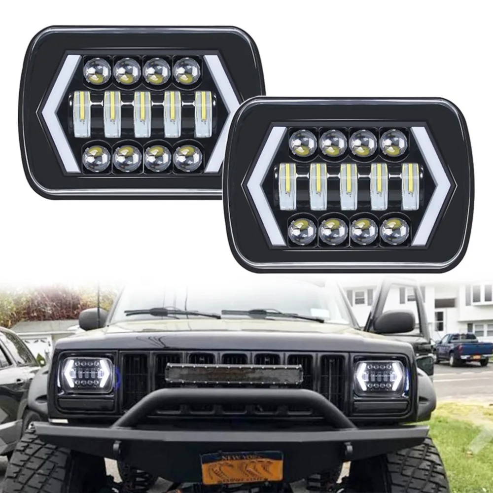 

90W 7X6 5X7 LED Headlight Arrows White DRL Amber Turn Signal For Jeep Wrangler YJ Cherokee XJ Trucks H4 LED Square Headlights