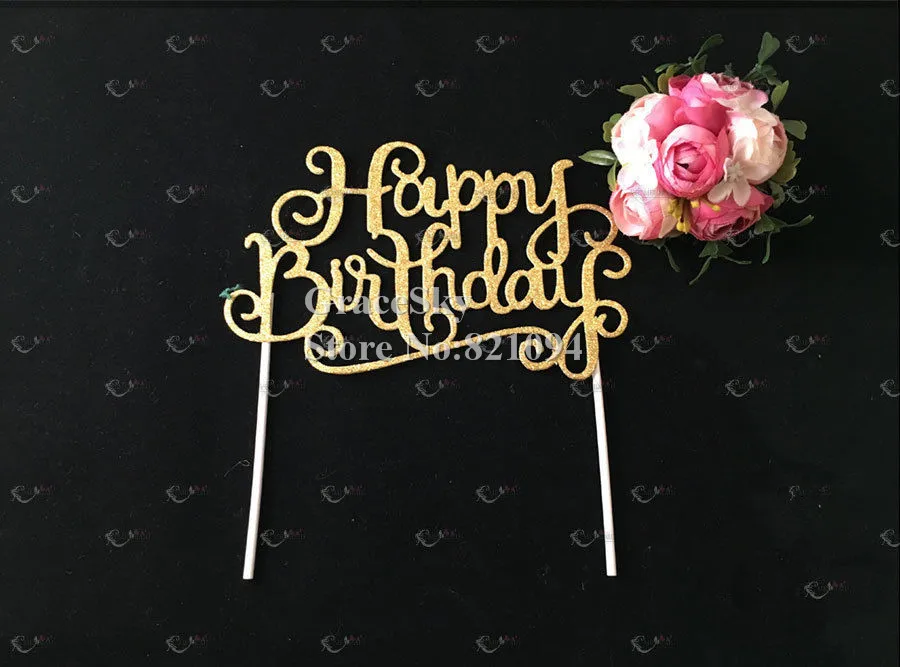 12pcs free shipping Glitter paper hollow  Happy Birthday  letter Cake Toppers Birthday Party Favor Cake Decoration,7 colors