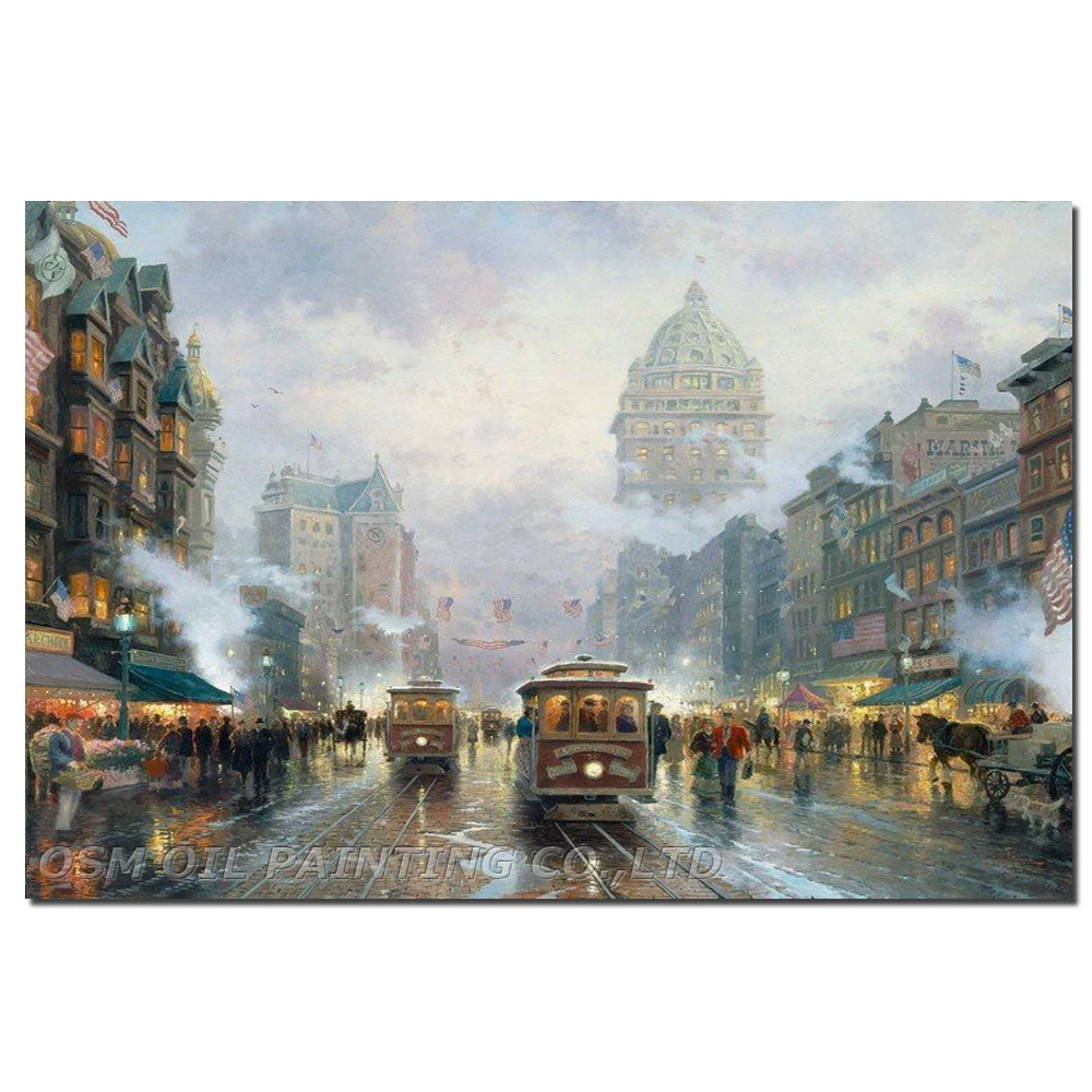 Hand Painted Oil Painting on Canvas San francisco Market Street Cityscapes Painting Wall Art Picture Street Landscape Decor