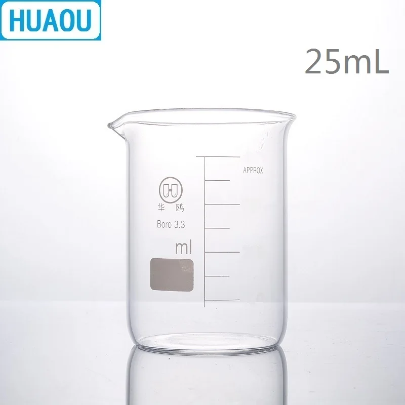 HUAOU 25mL Glass Beaker Low Form Borosilicate 3.3 Glass with Graduation and Spout Measuring Cup Laboratory Chemistry Equipment