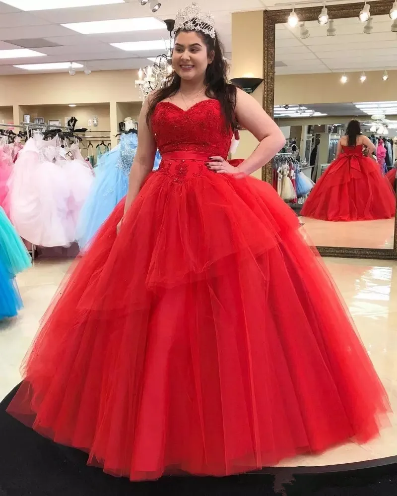 Elegante vermelho frisado vestido de baile quinceanera vestidos querida decote peplum prom vestidos tule appliqued doce 16 vestido