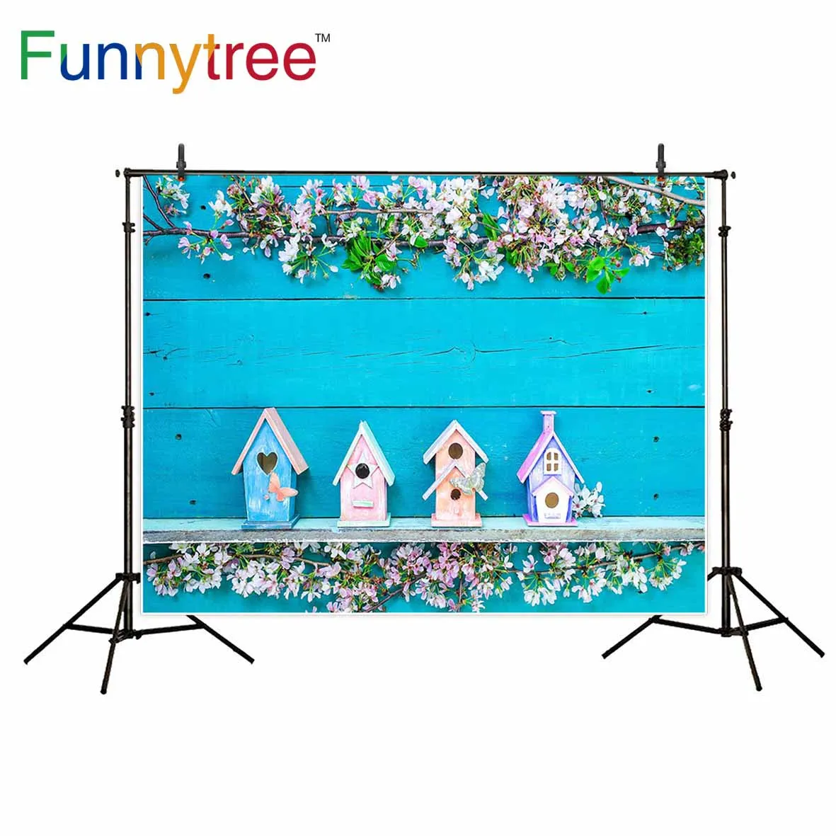 Funnytree Blank mint green wood sign with colorful birdhouses with butterfly on shelf decoration photographic background