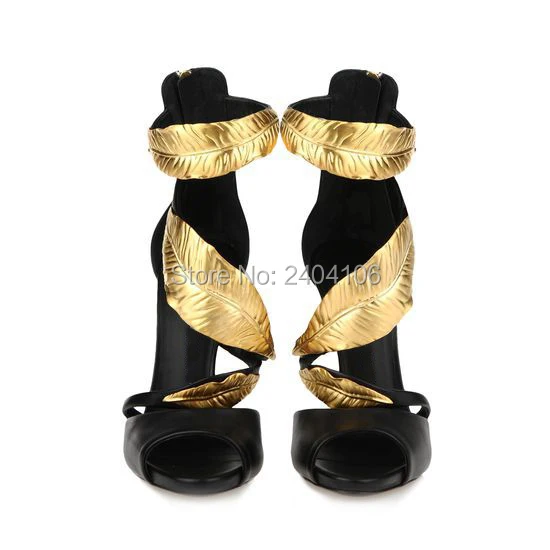 Zapatos Mujer Gold Leaf High Heeled Sandals Summer Shoes Woman Black White Peep Toe Party Pumps Platform Gladiator Sandalias