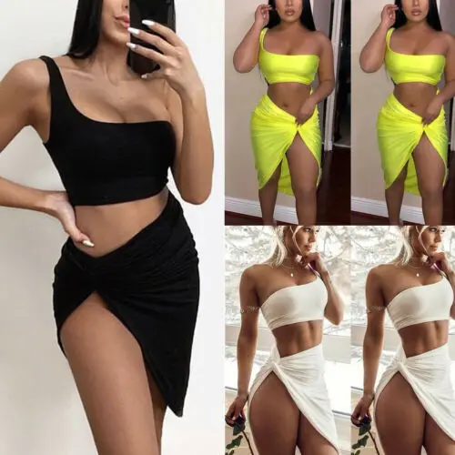 Summer Women Sexy 2 Piece Clothes Set Crop Tops and Split Skirt Set Lace Up Mini Dress Beach Vacation Resort Wear