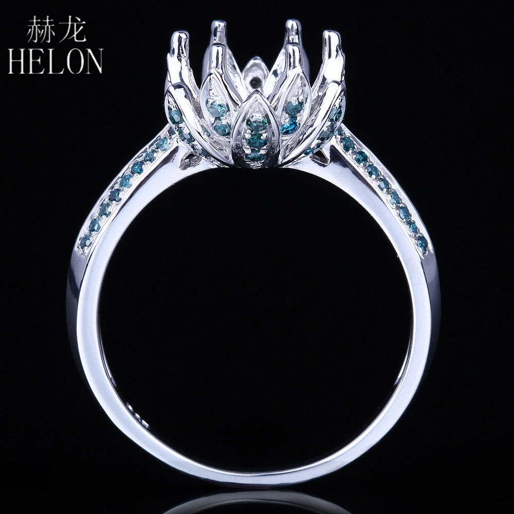 HELON Brilliant 0.4ct Blue Diamond Semi Mount Ring Sterling Silver 925 Lotus Flower Engagement Wedding Fine Ring Round Cut 8-9mm