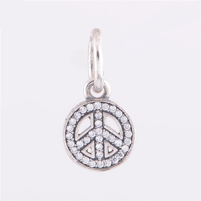 

Hot Sale Fit Silver Charm bracelets 100% 925 Sterling Silver Symbol of Peace with Clear CZ Charms Bead Women DIY Jewelry FL040