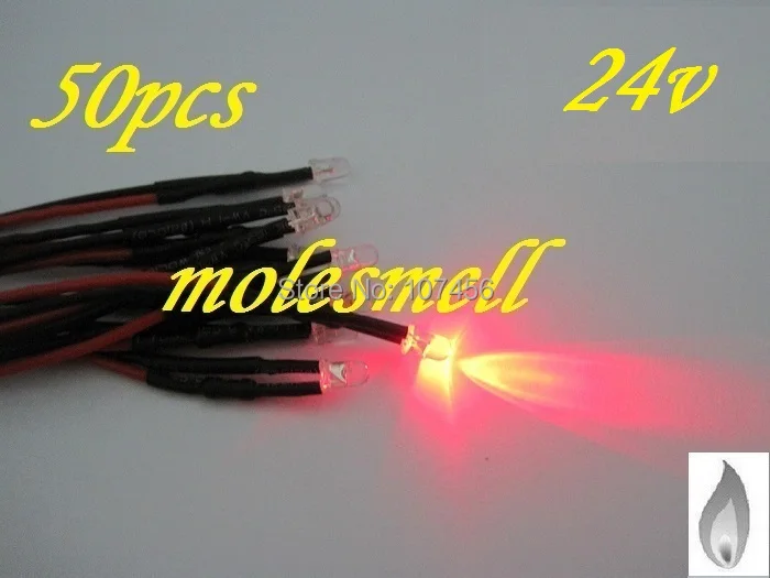 

Free shipping 50pcs 3mm red Flicker 24V Pre-Wired Water Clear LED Leds Candle Light 20CM