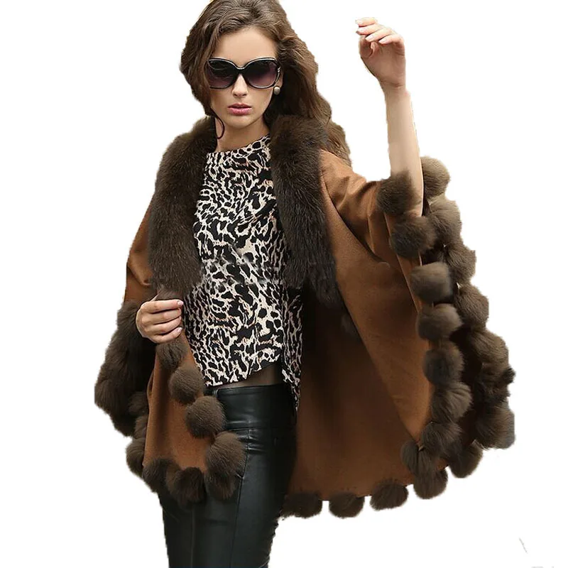 Lady's Genuine Fox Collar Real Cashmere  Coat Cloak/Brown Poncho/Shawl//Cape/Wraps