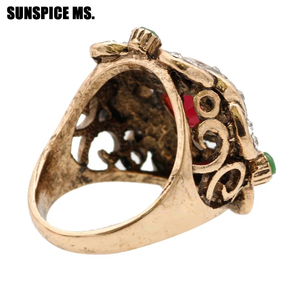 SUNSPICE MS. New Round Rose Flower Vintage Ring Turkish Women Antique Gold Color Ethnic Wedding Finger Rings Indian Jewelry Gift