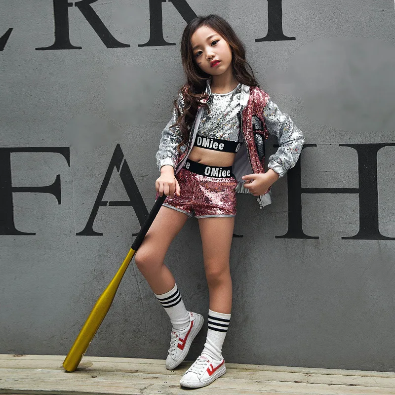 Children Sequin Jazz Dance Costume for Performance Girls Hip Hop Dance Costume DS/DJ Dance Wear Street Dance Garments Cloth 90