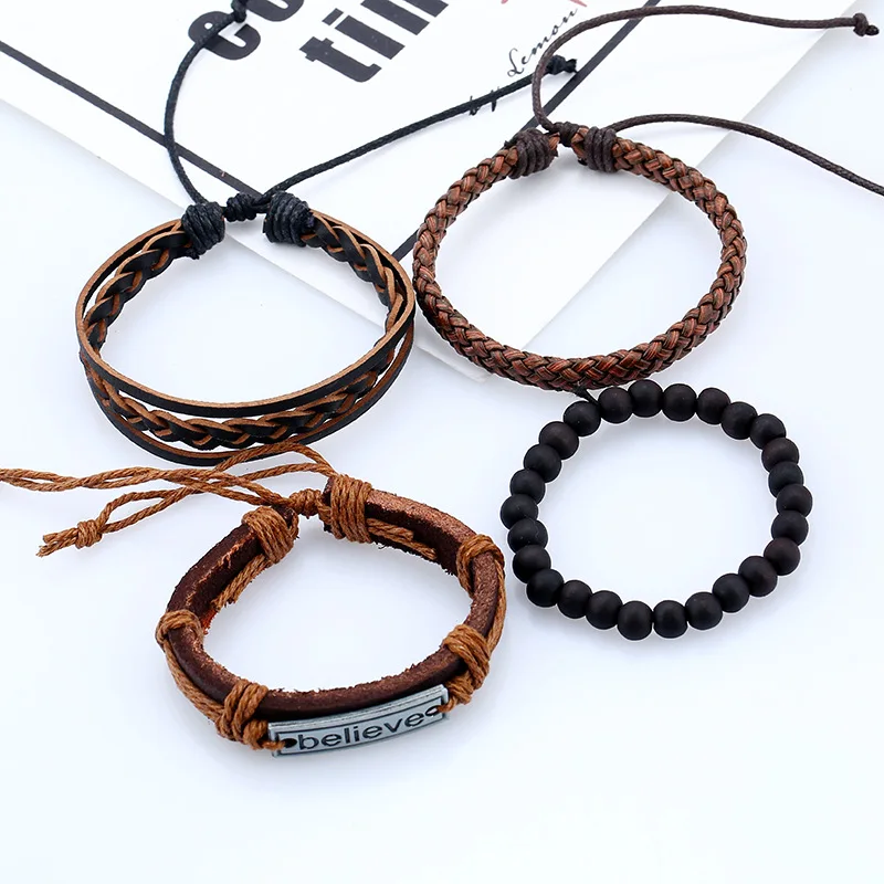 4pcs/ Set Black Believe Bracelets for Men Bangle Adjustable Length Bohemia Holiday Male Jewelry Punk