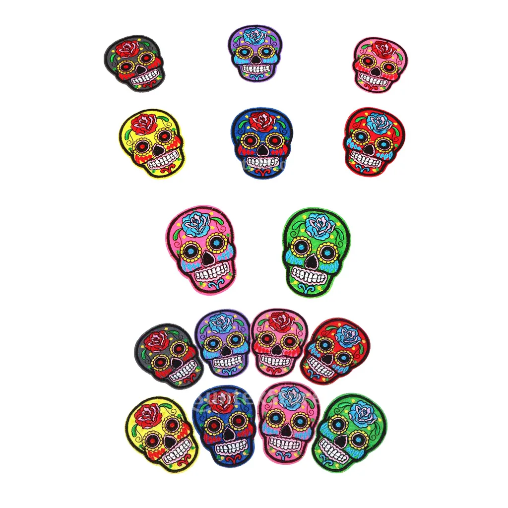 8Pcs Mixed Sugar Skull Patch DIY Mexico Day of the Dead Embroidered Patches Iron On Fabric Badges Sew On Cloth Applique