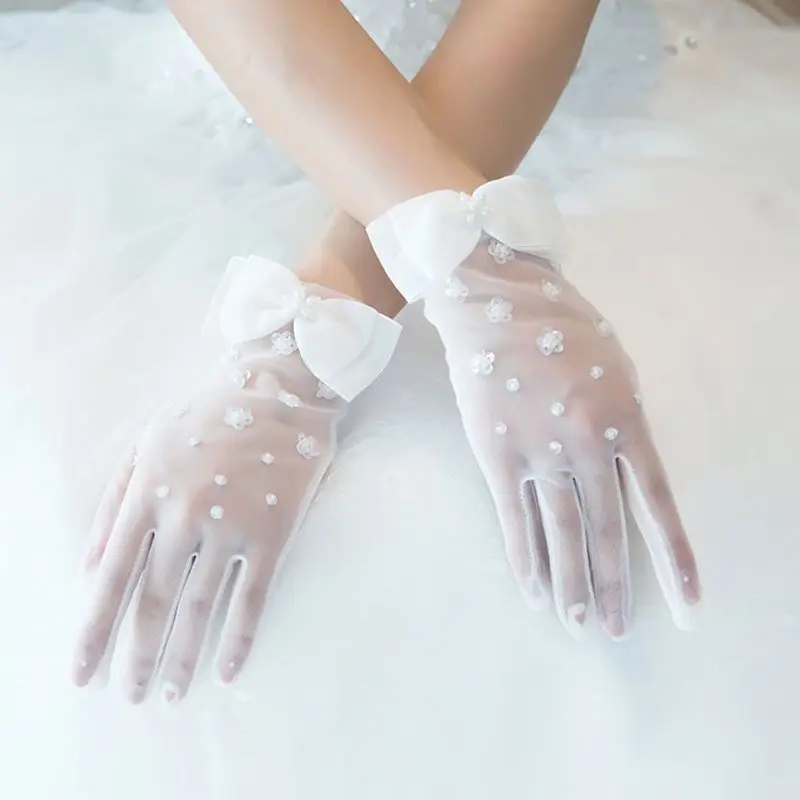 Simple Short Spring Summer Mesh Thin Section Gloves Artificial Pearl Bow New Wedding Dress Bride Glove