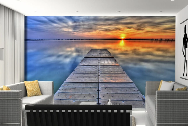 Custom landscape wallpaper, sunrise pier sea view murals for bedroom restaurant TV background wall waterproof papel de parede