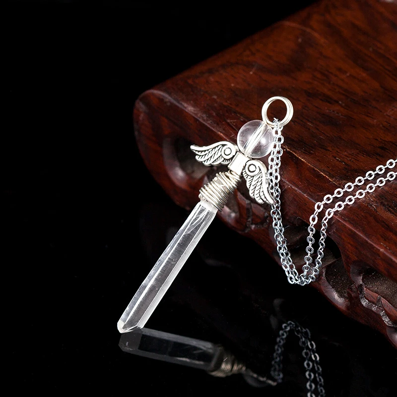 Natural stones angel wings pendant Handmade winding Clear Quartz Necklace reiki chakra crystal pendant romantic gift jewelry