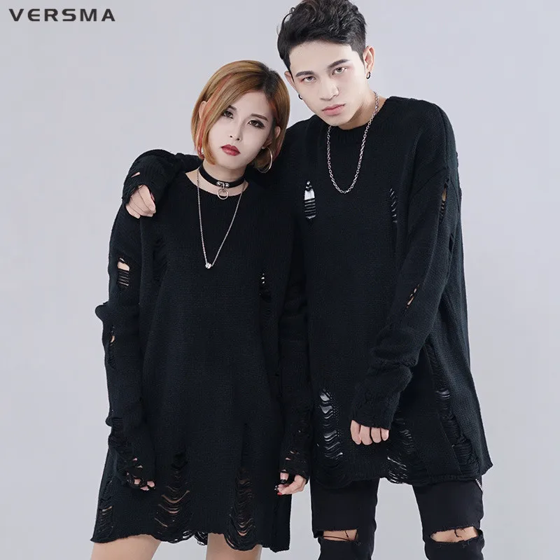 

VERSMA Korean Harajuku Ripped Oversized Sweater Men Women Pullover Hip Hop Black Ugly Christmas Sweater for Couples Dropshipping