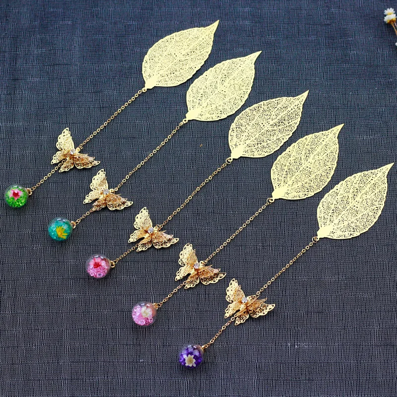 1 Pcs Boxed Creative Retro Metal Leaves Bookmark Paper Butterfly Glass Ball Pendant Book School Office Supplies Stationery