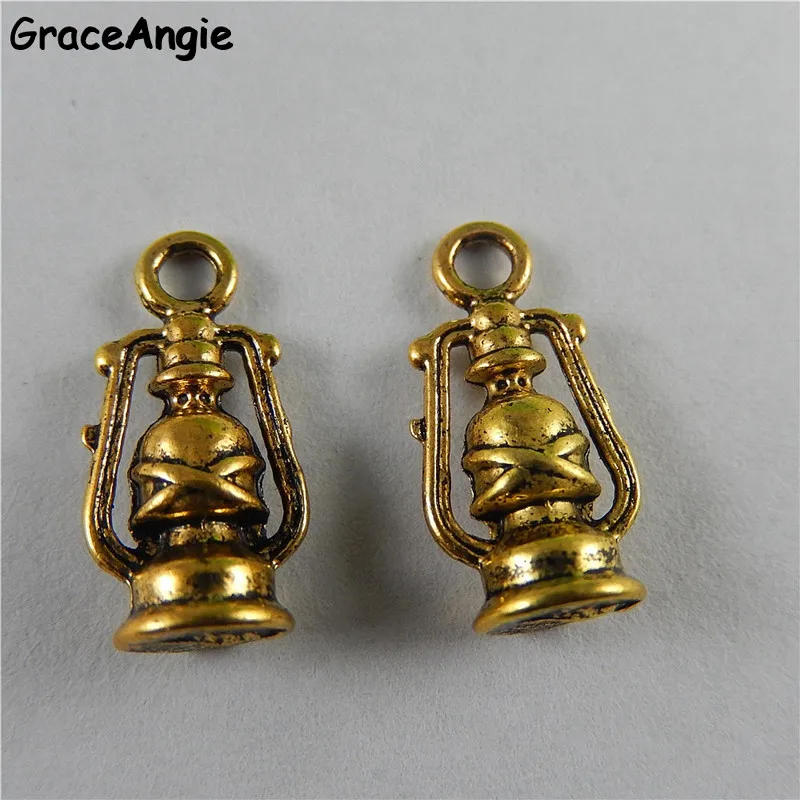 GraceAngie 20PCS Small Oil Lamp Charms Antique Gold Color Handmade Crafts Bracelet  Alloy Pendant Metal Jewelry DIY Man Gift