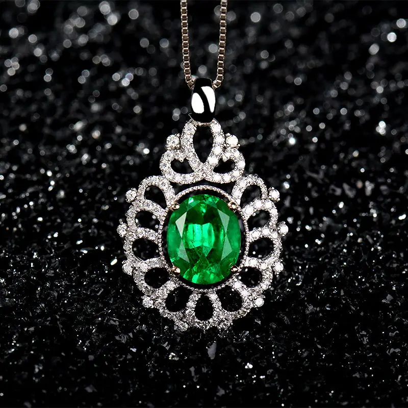 

LANMI Oval 8x10mm Natural Genuine Gesmtone 14Kt Two Tone Gold Diamonds Green Emerald Pendant Jewelry