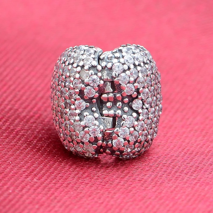 100% Original 925-Sterling-Silver Pave CZ Love Heart Lock Clip Beads Fits Pandora bracelets DIY Women Jewelry Making