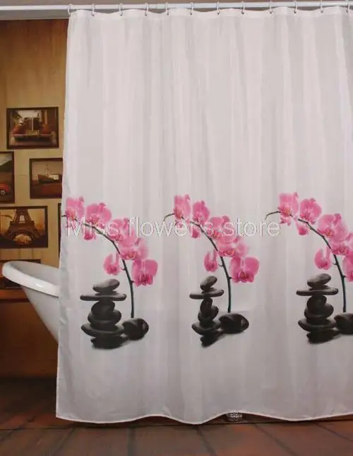 Flower & Black Stone Design Shower Curtain Bathroom Waterproof Mildewproof Polyester Fabric With 12 Hooks 180cm*180cm