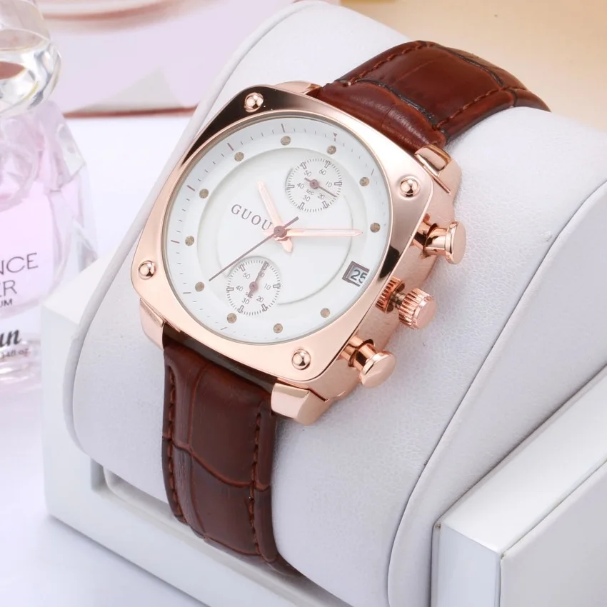 2022 Fashion Guou Brand Watch Luxury Crystal Rose Gold Women Genuine Leather Ladies Auto Date Lady Hour Clock Relogio Feminino