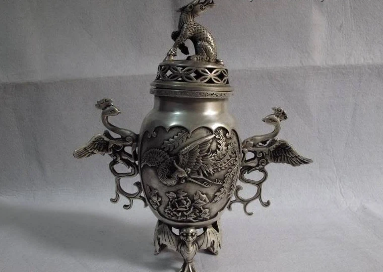 Tibet buddhism bronze silver-gilt kylin rosefinch phenix censer incense burner