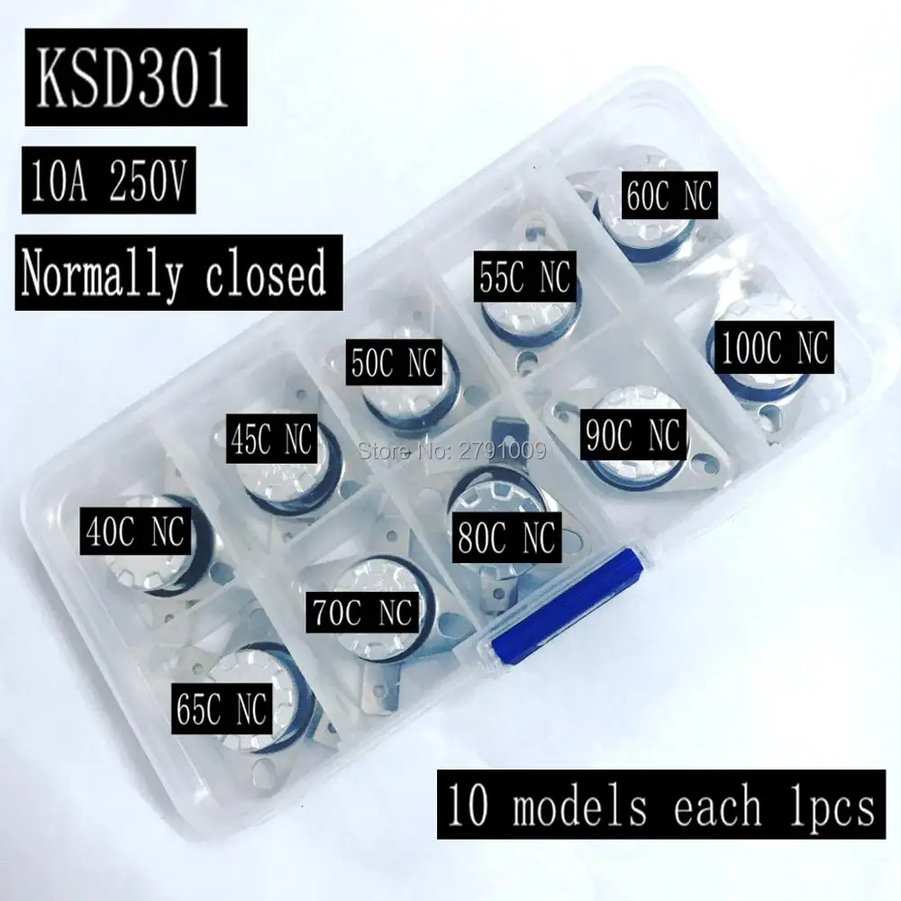 KSD301 40C - 100C NC 10 Models Each 1pcd 10A250V Series Thermostat Assortment Kit Temperature Switch Bimetal Disc 90 Degree 80C