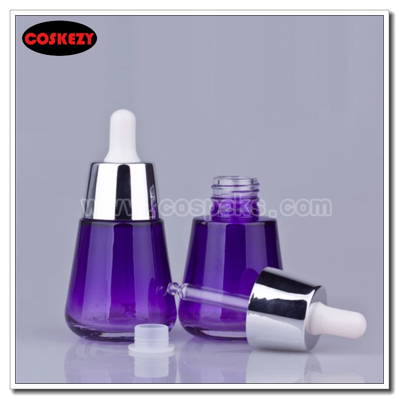 

50pcs 30ml purple glass oil bottles,luxury 1 ounce dropper glass bottles, 30 ML silver cover cosmetics packaging for sale