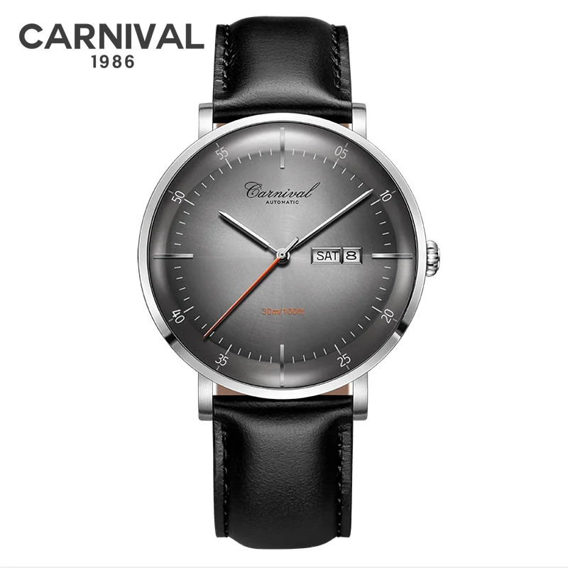 CARNAVAL Hoge kwaliteit MIYOTA automatisch horloge gebogen saffier mechanische horloges voor heren kalender leer waterdicht Montre Homme