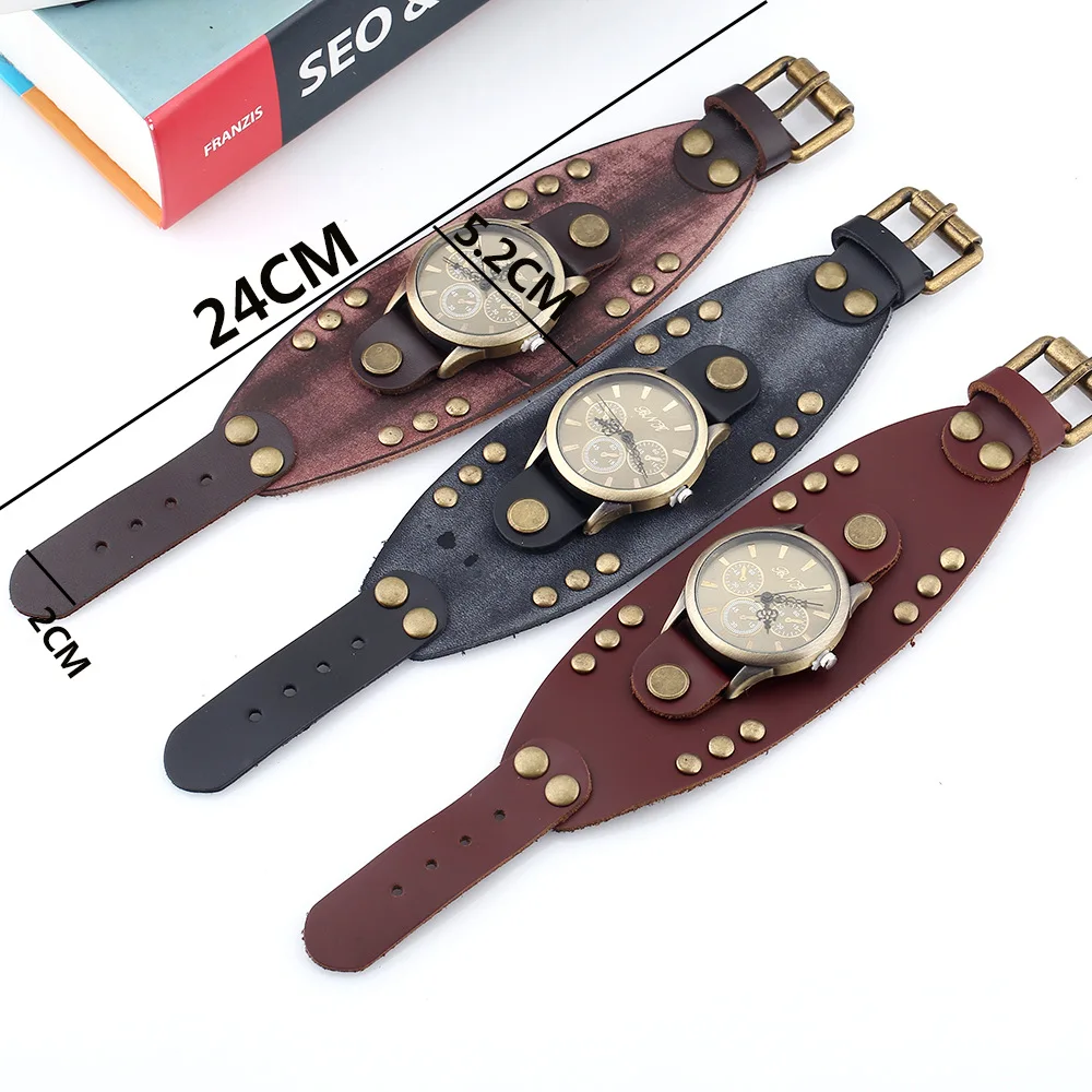 Wristwatch Antique Charms Bracelets For Men Women Genuine Leather Punk Rivet Belt Buckle Big Wide Cuff Bangles Jewelry