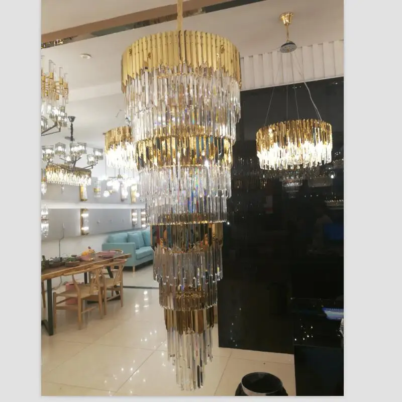 Luxurious golden crystal chandelier stainless steel k9 crystal lobby lights shining spiral staircase LED decorative chandeliers