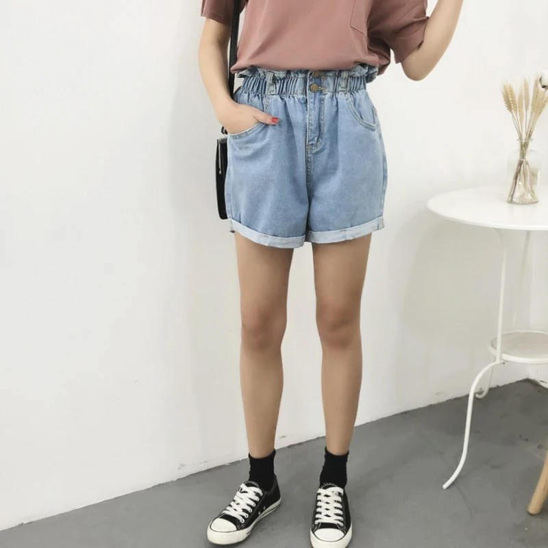 Short en jean taille haute pour femme, jean décontracté, ourlet retroussé, taille élastique, poche, bleu, blanc, mode femme, été, 2023