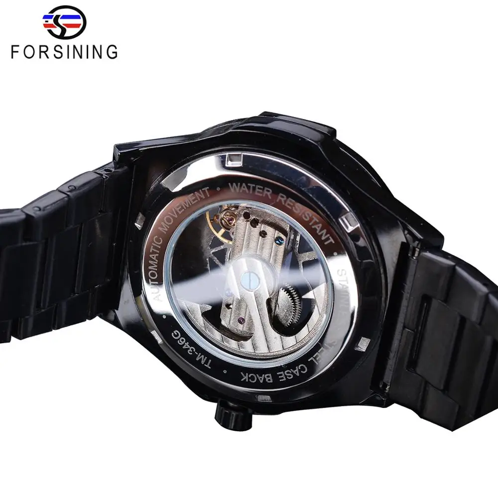 Forsining Transparent Automatic Men Watch Golden Bridge Mechanical Black Stainless Steel Band Skeleton Watches Relogio Masculino