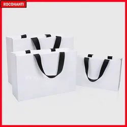 20X Custom LOGO Printed White Craft Paper Shopping Bags with Black Ribbon Handles for Clothes Shoes Boutique Shop Gift Packaging