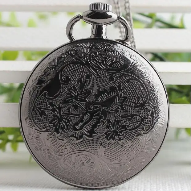 Black Roman Fashion quartz woman and men steampunk Necklace pocket watches and fob chain