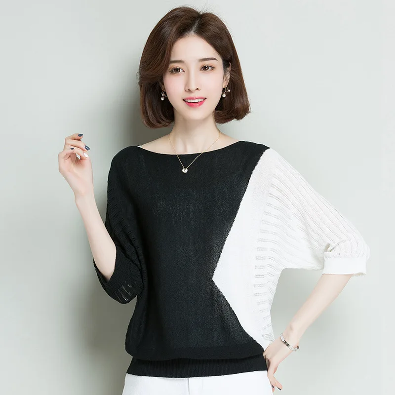 

Spring Summer Knitted T-shirt Ice Hemp Round Collar Women's Loose Tops Batwing Sleeve Casual Breathable Fashion T-shirts H9325