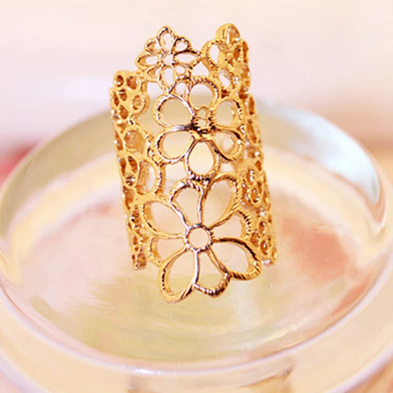 Fashion Long Hollow Flower Ring Elegant Lace Rose Golden Silver Plated Black Rings for Women