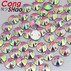 Cong Shao 10/12/14mm Crystal AB / Clear AB Flat Back Round Resin Rhinestone Trim Sew On Stones 2 Hole DIY Wedding Dress YB300