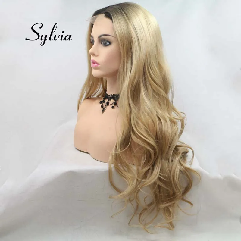 Sylvia Long Blonde Wavy Wig With Dark Roots Ombre Synthetic Lace Wig For Women Hair U Part Lace Wigs Heat Resistant Fiber Hair