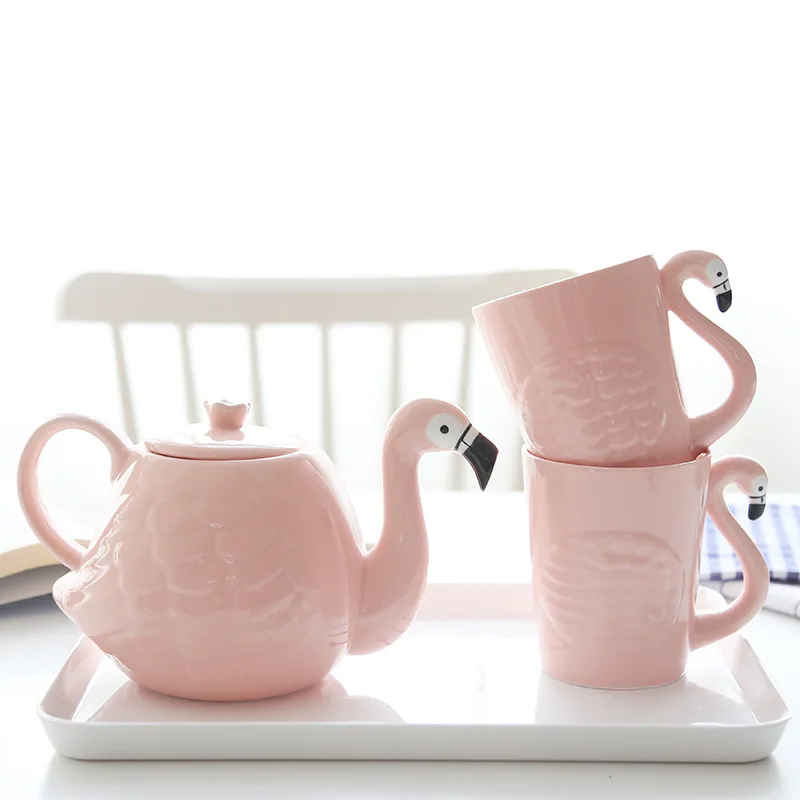 Ins Pink Flamingo Girl Ceramic Water Cup Teapot Set  with handle Home Mark cup Teaware Drinking Set