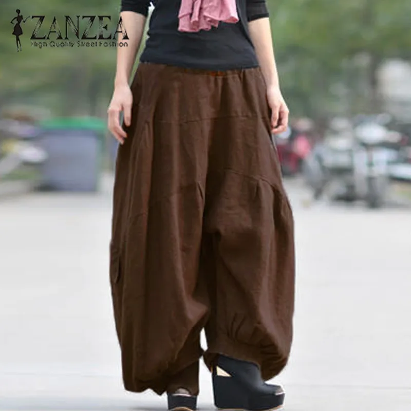 2023 ZANZEA Women High Elastic Waist Lantern Pantalon Loose Baggy Cargo Pants Solid Cotton Linen Long Wide Leg Trousers Oversize