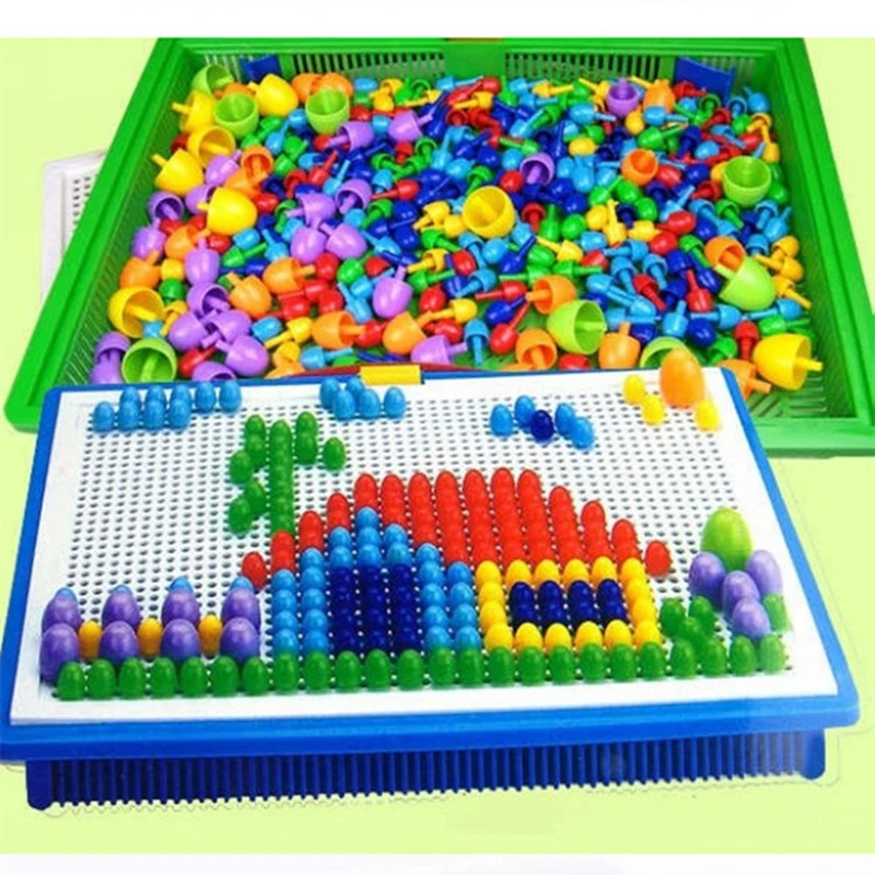 

296 Pieces/Set Box-packed Grain Mushroom Nail Beads Intelligent 3D Puzzle Games Jigsaw Board for Children Kids Educational Toys