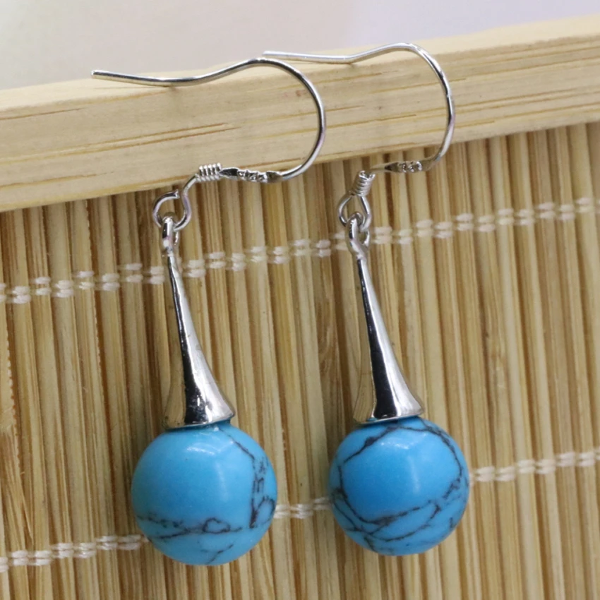 10mm blue stone veins calaite turquoises stone dangle earrings for women fashion round beads eardrop charms diy jewelry B3247