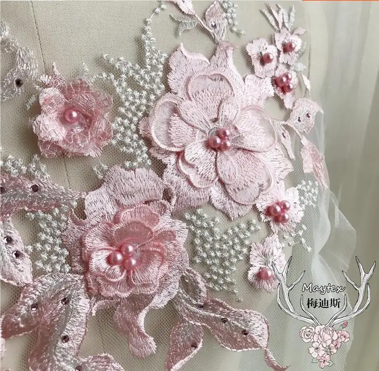 1 Piece 33*28cm Embroidery 3D Lace Applique Flower Pink Bead Lace Collar Neckline for Sewing Supplies Craft Decor for Clothes